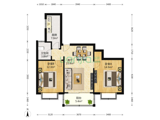 东方天伦大厦 2室2厅1卫 95平方