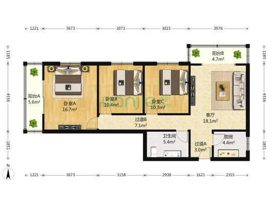 工人路14号院 3室1厅1卫 110平方