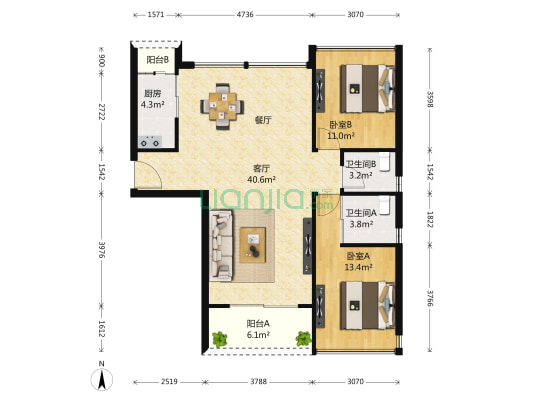 中央原著 2室1厅2卫 88平方