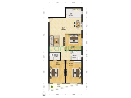天申综合小区 3室2厅2卫 172平方