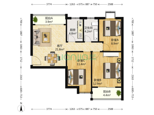大箕山家园 3室1厅1卫 90平方