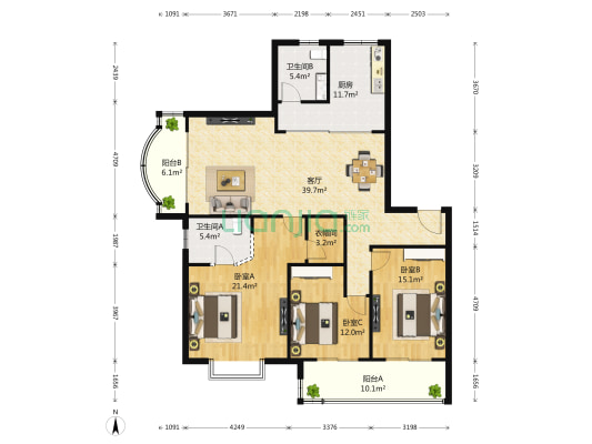 苏宁雅瑰园 3室1厅2卫 153平方