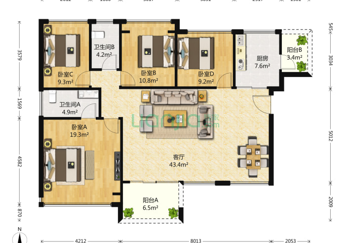 幸福城三期 4室1厅2卫 128㎡ 户型