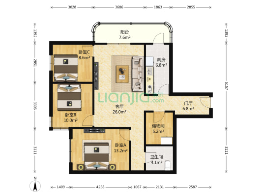 城市芳庭 3室1厅1卫 128平方