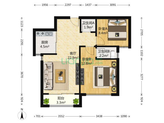 亚德里亚海湾 2室1厅2卫 98平方