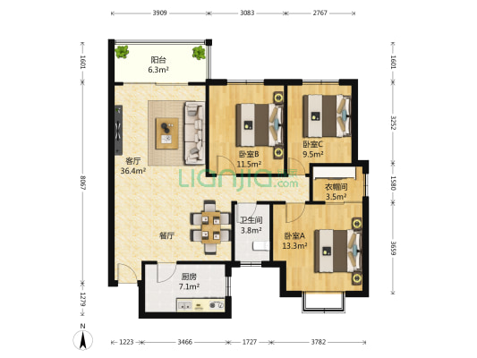 东方名都百草园 3室1厅1卫 118平方