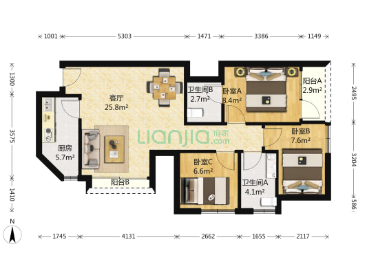 宝河大厦 3室1厅2卫 95平方