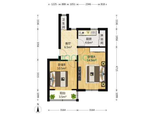 老虎桥 2室1厅1卫 57平方
