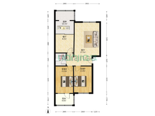 广场旁边公摊小板楼，南北通透大两居-户型图