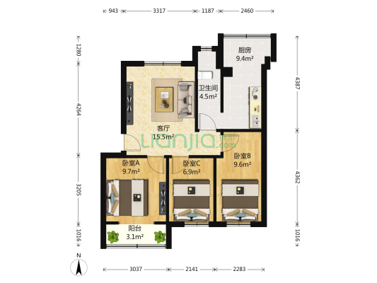 大塘垅小区 3室1厅1卫 73平方