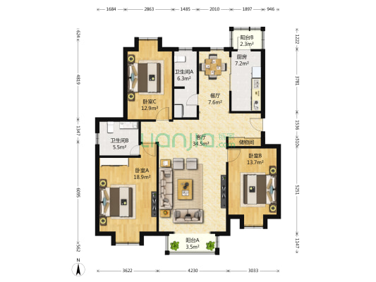 小镇西西里聚贤里 3室2厅2卫 145平方
