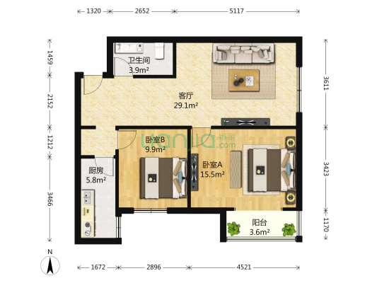 通景园 2室1厅1卫 89平方