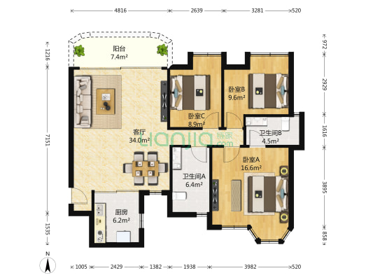 豪峰园 3室1厅2卫 112平方