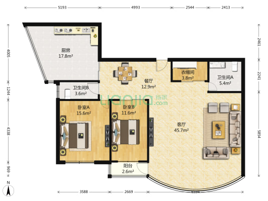 佳地外商公寓 2室2厅2卫 149平方