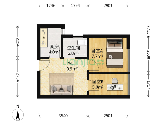 鹏润蓝海A区 2室1厅1卫 44平方