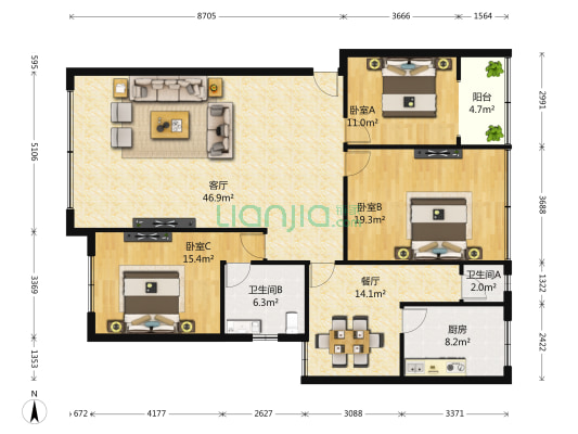 津西花园 3室2厅2卫 139平方