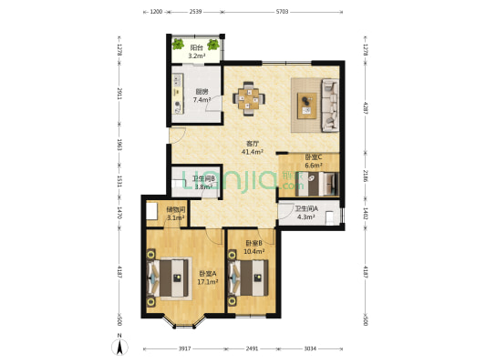 新文化花园新典居 3室1厅2卫 143平方