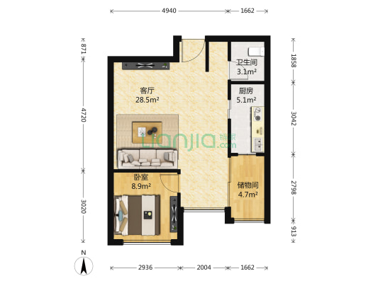 金隅翡丽爱公馆 1室1厅1卫 69平方