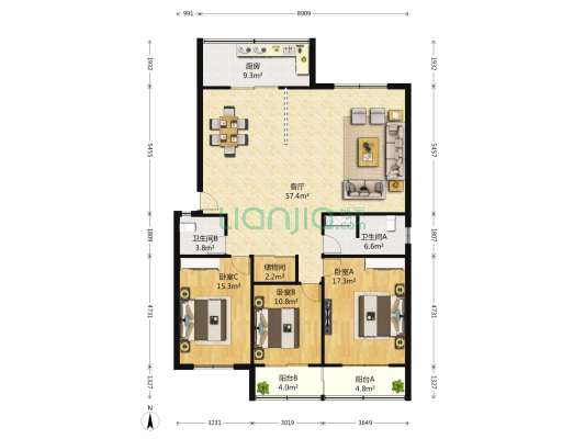 荷花园小区 3室1厅2卫 170平方