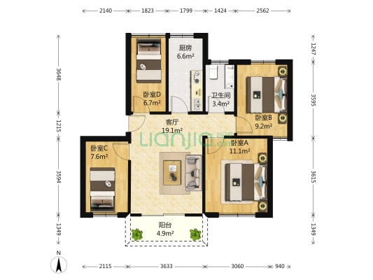 龙富花园(龙富路) 4室1厅1卫 86平方