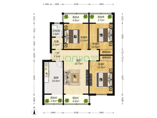 新鸿南支路3号 3室1厅1卫 105平方