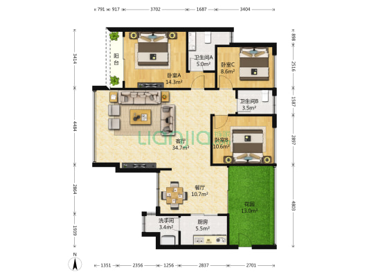 岸芷汀兰 3室2厅2卫 124平方
