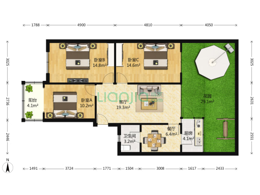 育苗路8号 3室2厅1卫 93平方
