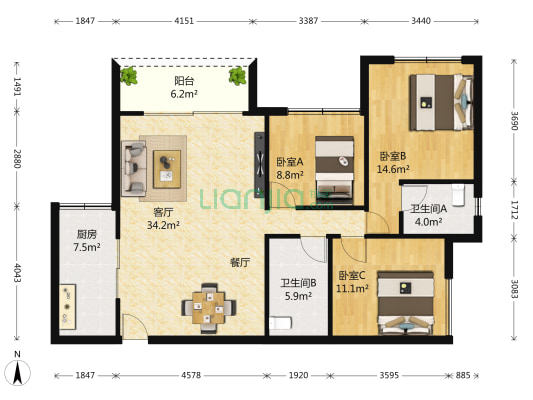 金科廊桥水乡C区 3室1厅2卫 100平方