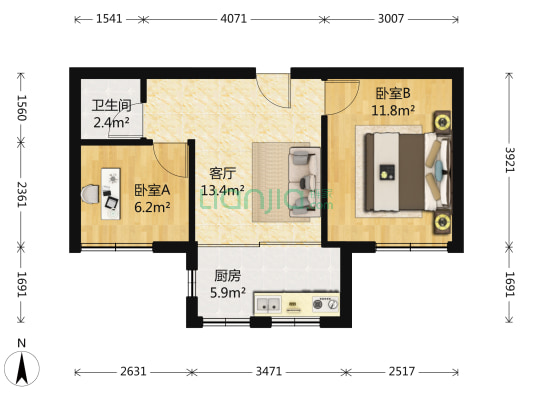 芙蓉花园 2室1厅 南