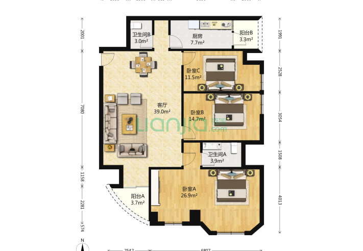 3室1厅2卫178㎡-北京锦湖园公寓户型图