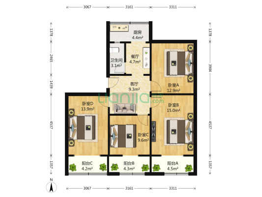 人民中路三段14号院 4室2厅1卫 103平方