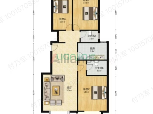 范阳路，一梯两户，小高层128平三居，110万可议-户型图