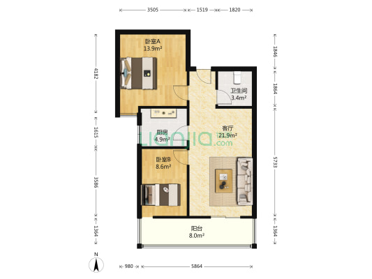 吉源美郡 2室1厅1卫 89平方