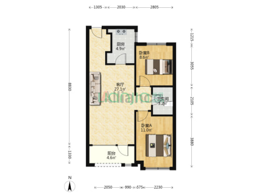 桃源新都孔雀城 2室1厅 南 北-户型图