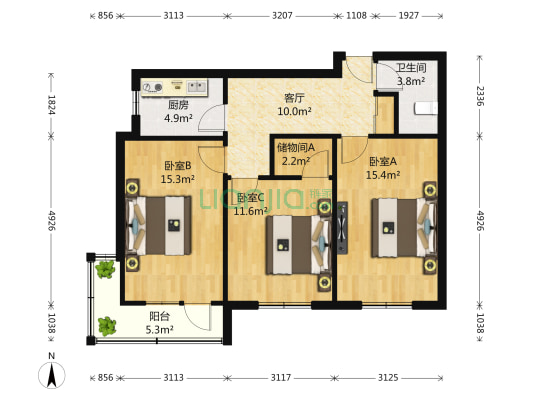 朝内大街136号院 3室1厅1卫 92平方