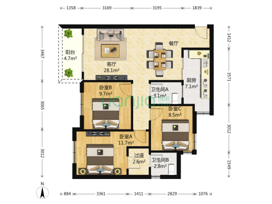 凤天俊园 3室1厅2卫 104平方
