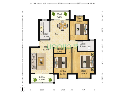 东升家园(三期) 3室2厅1卫 99平方