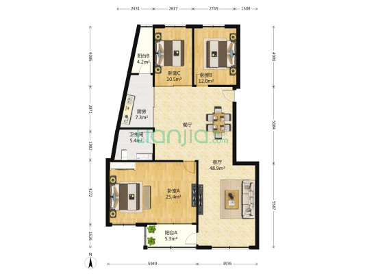星海甲天下 3室1厅1卫 150平方
