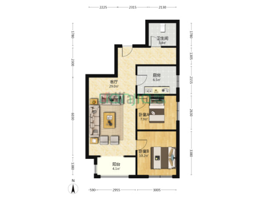 火车站南向有电梯两居，自住标准-户型图