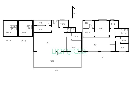 叠拼花园别墅2+2结构，带地下室，近公园，4条轨道中间-户型图