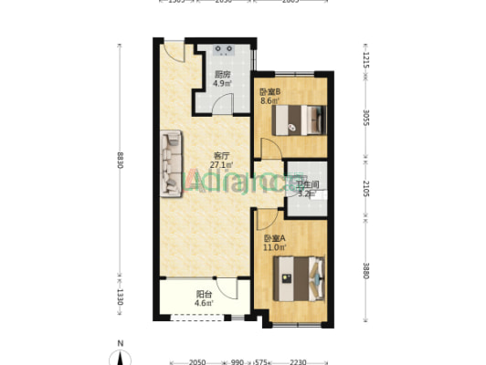涿州城西 桃源新都孔雀城82平南北向通透2居急售-户型图