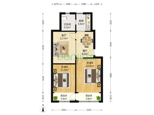 工汇花苑 2室2厅1卫 83平方