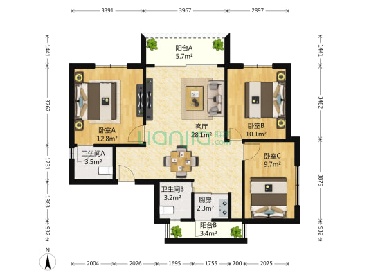现代苑 3室1厅2卫 113平方