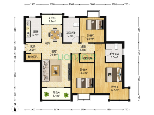 阳光前景 3室1厅2卫 141平方