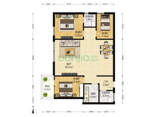 五邑大厦 3室1厅2卫 127平方