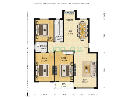 杏树里 3室2厅2卫 129平方