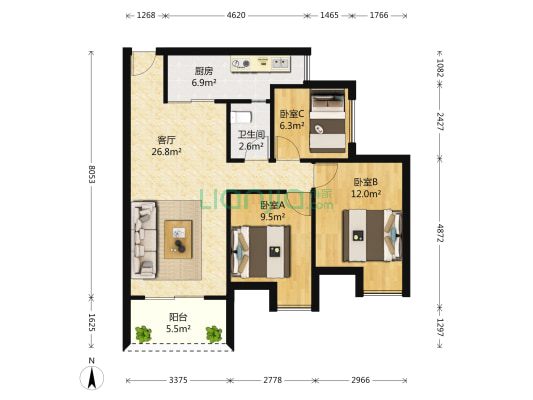 斌鑫江南御府 3室1厅1卫 80平方