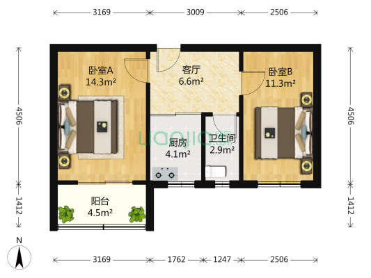 首钢一线材厂东宿舍 2室1厅1卫 57平方