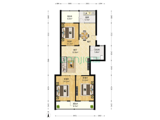 七里河路2-1号院 3室1厅1卫 127平方