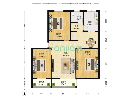 岗坡路6号院 3室1厅1卫 141平方